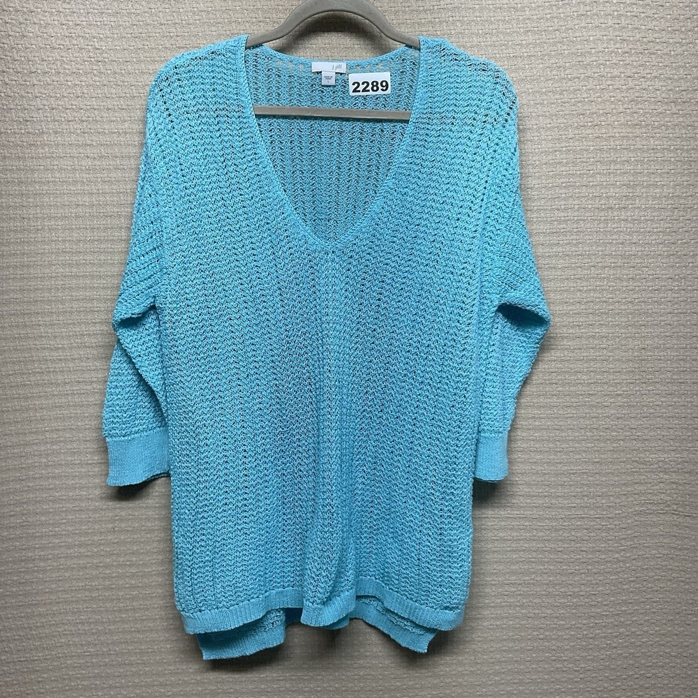 J. Jill Sweater Turquoise Blue L Color V-Neck 3/4 Sleeves‎ Light Summer Coverup